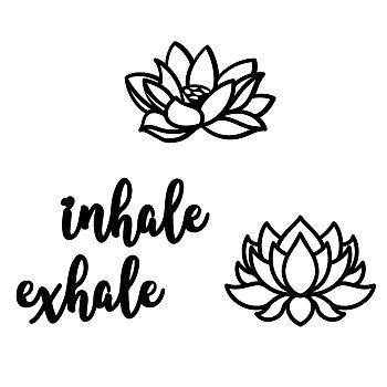 MDF Wood Wall Art Decorations, Home Hanging Ornaments, Lotus & Word Inhale & Exhale, for Meditation, Black, 300~305x140~225mm, 4 style, 1pc/style, 4pcs/set