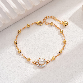 Fashionable Brass Pave Clear Cubic Zirconia Ball Cable Chain Bracelets, Imitation Peal Flower Bracelets, Real 18K Gold Plated, 7-1/8 inch(18cm)