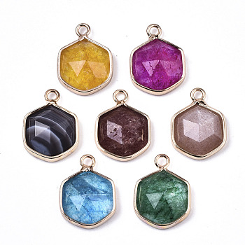 Natural Mixed Gemstone/Glass Charms, with Light Gold Plated Brass Edge and Loop, Hexagon, Faceted, Mixed Color, 15x11x4.5mm, Hole: 1.5mm