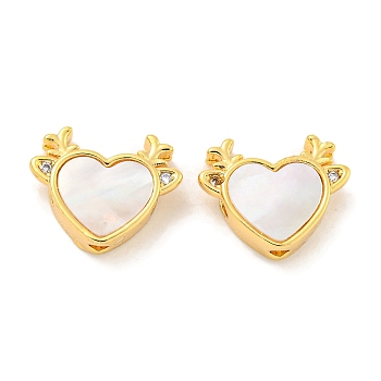 Brass Micro Pave Clear Cubic Zirconia Beads, with Shell, Heart, Real 18K Gold Plated, 10x13x4mm, Hole: 1.5mm