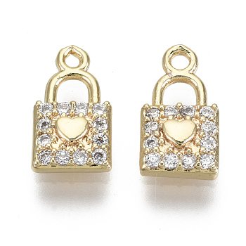 Brass Micro Pave Clear Cubic Zirconia Charms, Nickel Free, Lock with Heart, Real 18K Gold Plated, 10.5x5.5x2mm, Hole: 1mm