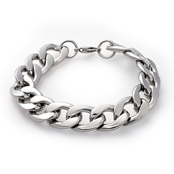 Men's 304 Stainless Steel Curb Chain Bracelets, Stainless Steel Color, 9-1/4 inch(23.5cm), 15mm