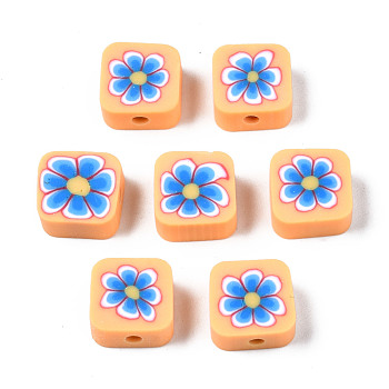 Handmade Polymer Clay Beads, for DIY Jewelry Crafts Supplies, Square with Flower, Deep Sky Blue, 9~9.5x9.5x4~4.5mm, Hole: 1.8mm