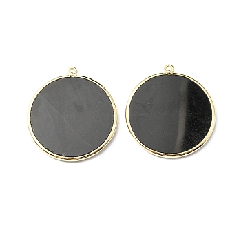 Natural Black Agate Pendants, with Brass Findings, Flat Round, Golden, 32~34x28.5~31x2mm, Hole: 1.6mm