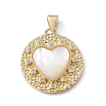 Rack Plating Brass Micro Pave Cubic Zirconia Pendants, with Shell, Long-Lasting Plated, Cadmium Free & Lead Free, Hammered Flat Round with Heart Charm, Real 18K Gold Plated, 25x22x4mm, Hole: 5x3mm