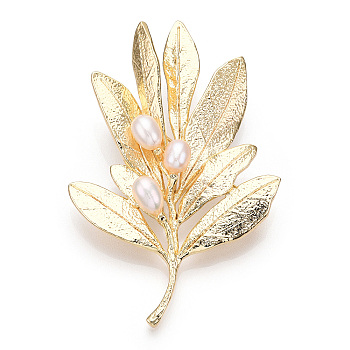 Natural Pearl Leaf Brooches for Women, Brass Pins, Real 14K Gold Plated, 63~65x50x14.5mm