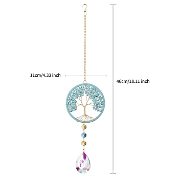 Tree of Life Hanging Crystal Prisms Suncatcher with Natural Crystal Chips, Chain Pendant Hanging Decor , Sky Blue, 460mm