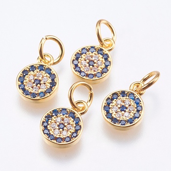 Brass Micro Pave Cubic Zirconia Charms, Cadmium Free & Lead Free, Flat Round, Real 18K Gold Plated, 9.5x7x1.5mm, Hole: 3mm