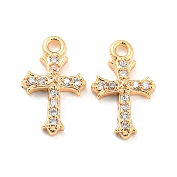 Brass Micro Pave Cubic Zirconia Pendants, Cross, Real 18K Gold Plated, 12x7x2mm, Hole: 1.2mm