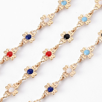 Handmade Brass Link Chains, with Enamel, Soldered, Spool, Flower, Real 18K Gold Plated, Colorful, 12x6x1mm, about 16.4 Feet(5m)/roll