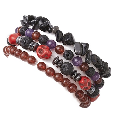 4Pcs Halloween Skull Pumpkin Gemstone Beaded Stretch Bracelets Kit(BJEW-TA00483)-3