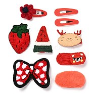 Iron Snap Hair Clips & Alligator Hair Clips Sets for Kids, with Cloth, Flower & Strawberry & Bowknot & Watermelon & Dee & Bear & Oval, Red, 57~65.5x17~88x3~15mm, 9pcs/set(PHAR-L007-A01)