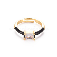 Brass Enamel Cuff Rings, Open Rings, with Clear Cubic Zirconia, Nickel Free, Rectangle, Golden, Black, US Size 7 1/4(17.5mm)(RJEW-T016-23B-NF)