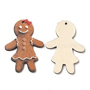 Single Face Printed Wood Big Pendants, Christmas Charms, Gingerbread Man, 55x39x2.5mm, Hole: 2.5mm(WOOD-D025-04)