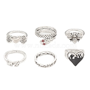 6Pcs 6 Style Tibetan Style Alloy Stackable Rings Set, Rhinestone Snake & Heart & Wing & Moth Finger Ring with Enamel for Women, Antique Silver, Inner Diameter: 16.2~17.5mm, 1Pc/style(RJEW-E071-02AS)