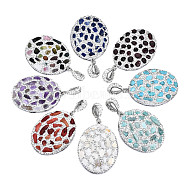Polymer Clay Rhinestone Pendants, with Gemstone Chip/Natural Shell Chip and PU Leather, Oval, Platinum, PP12(1.8~1.9mm), 47~48x35~37x6~7mm,  Hole: 9x5mm(RB-S056-13A-P)
