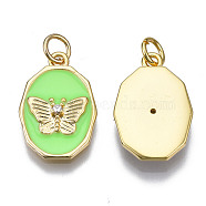 Brass Micro Pave Clear Cubic Zirconia Enamel Pendants, with Jump Ring, Cadmium Free & Nickel Free & Lead Free, Real 16K Gold Plated, Oval with Butterfly, Pale Green, 18.5x12x3mm, Jump Ring: 5x1mm, 3mm inner diameter(KK-Q283-004E-NR)