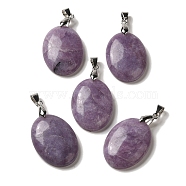 Natural Lepidolite Pendants, Oval Charms with Rack Plating Platinum Plated Brass Snap on Bails, 30x21.5~22x6~6.5mm, Hole: 6x4mm(G-Z055-03P-19)