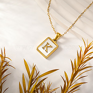 Rectangle Stainless Steel Pave Natural White Shell Initial Pendant Necklaces for Women, Real 18K Gold Plated, Letter K, 15.75 inch(40cm)(FS-WGB5EDA-11)