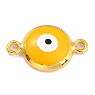 Golden Plated Brass Enamel Links Connectors, Long-Lasting Plated, Flat Round with Evil Eye, Gold, 16x10x3.5mm, Hole: 1.5mm(KK-P197-01A-G04)