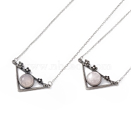Natural Rose Quartz Triangle with Flower Pendant Necklace, Antique Silver & Platinum Brass Jewelry for Women, Cadmium Free & Lead Free, 19.76 inch(50.2cm)(NJEW-P274-01AS-04)