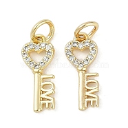 Rack Plating Brass Micro Pave Cubic Zirconia Pendants, Lead Free & Cadmium Free, Long-Lasting Plated, Key Charms, with Jump Ring, Real 18K Gold Plated, 15x6.5x1.5mm(KK-H509-05G)