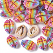 Printed Natural Cowrie Shell Beads, No Hole/Undrilled, Rainbow Style, Colorful, 18~21x12~15x7mm(SSHEL-R047-01-A06)