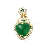 Brass Micro Pave Clear Cubic Zirconia Pendants, with Glass, Heart, Real 18K Gold Plated, Dark Green, 28mm, Hole: 4.5x2.5mm(KK-I695-010G)
