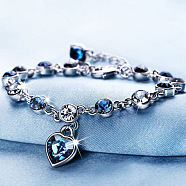 Flat Round Alloy Rhinestone Link Bracelets, Heart Charm Bracelets for Women, Platinum, 7-1/8 inch(18cm)(WGFE8E3-01)