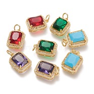 Brass Glass Charms, with Micro Pave Clear Cubic Zirconia and Jump Ring, Rectangle, Real 18K Gold Plated, Mixed Color, 14.5x10.5x5mm, Hole: 3.4mm(ZIRC-F116-09-G)