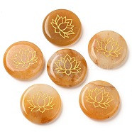 Natural Topaz Jade Cabochons, Flat Round with Engraved Gold Lotus Flower, 25~26x6~7mm(G-C158-04D)