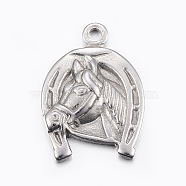 304 Stainless Steel Pendants, Horse with Horseshoes, Stainless Steel Color, 24.5x17x3mm, Hole: 2mm(X-STAS-E421-073P)