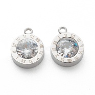 304 Stainless Steel Rhinestone Charms, Flat Round with Roman Numerals, Crystal, Stainless Steel Color, 14x11x4.5mm, Hole: 1.8mm(STAS-Z009-17P)