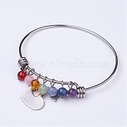 304 Stainless Steel Heart Charm Bangles, with Natural Gemstone Beads, Stainless Steel Color, 2-1/4 inchx2-3/8 inch(57x62mm)(BJEW-JB02691)