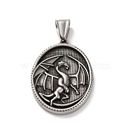 304 Stainless Steel Pendants, Antique Silver, Oval Charm, Dragon, 35.5x26x4mm, Hole: 9x4.5mm(STAS-U021-10AS-01)