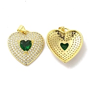 Brass Micro Pave Clear Cubic Zirconia Pendants, with Glass, Heart Charms, Golden, Dark Green, 22x22x6mm, Hole: 5x3.5mm(KK-A180-01G-01)