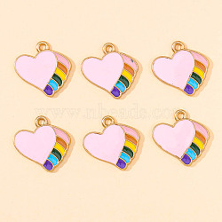 Alloy Enamel Pendants, Heart with Rainbow Charm, Golden, Pearl Pink, 18x18mm(RABO-PW0001-062B)