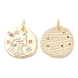 Brass with Cubic Zirconia Pendants, Flat Round, Real 18K Gold Plated, 14x14.5x1.5mm(KK-K333-57G)