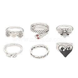 6Pcs 6 Style Tibetan Style Alloy Stackable Rings Set, Rhinestone Snake & Heart & Wing & Moth Finger Ring with Enamel for Women, Antique Silver, Inner Diameter: 16.2~17.5mm, 1Pc/style(RJEW-E071-02AS)