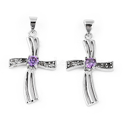 Rhodium Plated 925 Sterling Silver Pave Cubic Zirconia Pendants, Twisted Religion Cross Charms wit 925 Stamp, Real Platinum Plated, 27.5x16.5x4mm, Hole: 4x4.5mm(STER-T007-35P)