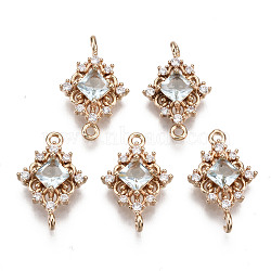 Brass Micro Pave Cubic Zirconia Links Connectors, with Glass, Long-Lasting Plated, Rhombus, Light Gold, Light Cyan, 17x11x4mm, Hole: 1.2mm(KK-R111-014-A03)