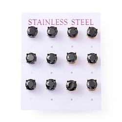 6 Pairs Cubic Zirconia Flat Round Stud Earrings, 304 Stainless Steel Jewelry for Women, Mixed Color, Black, 8mm, Pin: 0.7mm(EJEW-G291-05A-M)