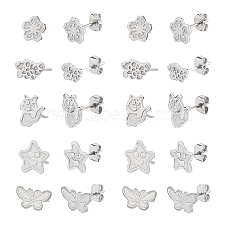 100Pcs 5 Style 304 Stainless Steel Stud Earring Settings, with 100Pcs Stainless Steel Ear Nuts, Flower & Leaf & Star & Cat & Butterfly, Stainless Steel Color, 8~12x8.5~12x1mm, Pin: 0.8mm, 20pcs/style(STAS-DC0003-99)