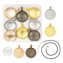 DIY Necklace Making Kits, Including 8Pcs 4 Colors Flat Round Alloy Pendant Cabochon Settings, 10Pcs Glass Cabochons and 8pcs Waxed Cord, Mixed Color, Alloy Pendant Cabochon Settings: 8pcs/box(DIY-FS0001-70)