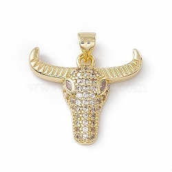 Brass Micro Pave Cubic Zirconia Pendants, OX Head Charm, Lead Free & Cadmium Free, Real 18K Gold Plated, Clear, 20x23x4.5mm, Hole: 3.5x4mm(KK-I692-06G-04)