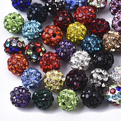 Pave Disco Ball Beads, Polymer Clay Pave Rhinestone Beads, Round, Half Drilled, Mixed Color, PP15(2.1~2.2mm), 4 Rows Rhinestone, 6.5mm, Half Hole: 1mm(RB-T017-02-M)