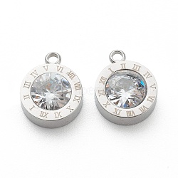 304 Stainless Steel Rhinestone Charms, Flat Round with Roman Numerals, Crystal, Stainless Steel Color, 14x11x4.5mm, Hole: 1.8mm(STAS-Z009-17P)