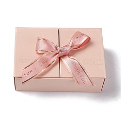 Paper Packaging Box, Wedding Party Gift Box, with Ribbon, Rectangle, Pink, 15.3x10.4x6.2cm; Inner Diameter: 14.6x9.4cm(CON-F015-01A-02)