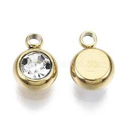 Vacuum Plating 201 Stainless Steel Rhinestone Charms, Birthstone Charms, Flat Round, Real 18K Gold Plated, Crystal, 8.5x6x3mm, Hole: 1.5mm(X-STAS-S068-04G)