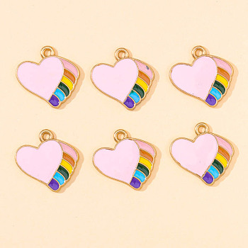 Alloy Enamel Pendants, Heart with Rainbow Charm, Golden, Pearl Pink, 18x18mm